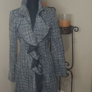 White House Black Market Black and White Wool Coat with‎ Ruffled Front